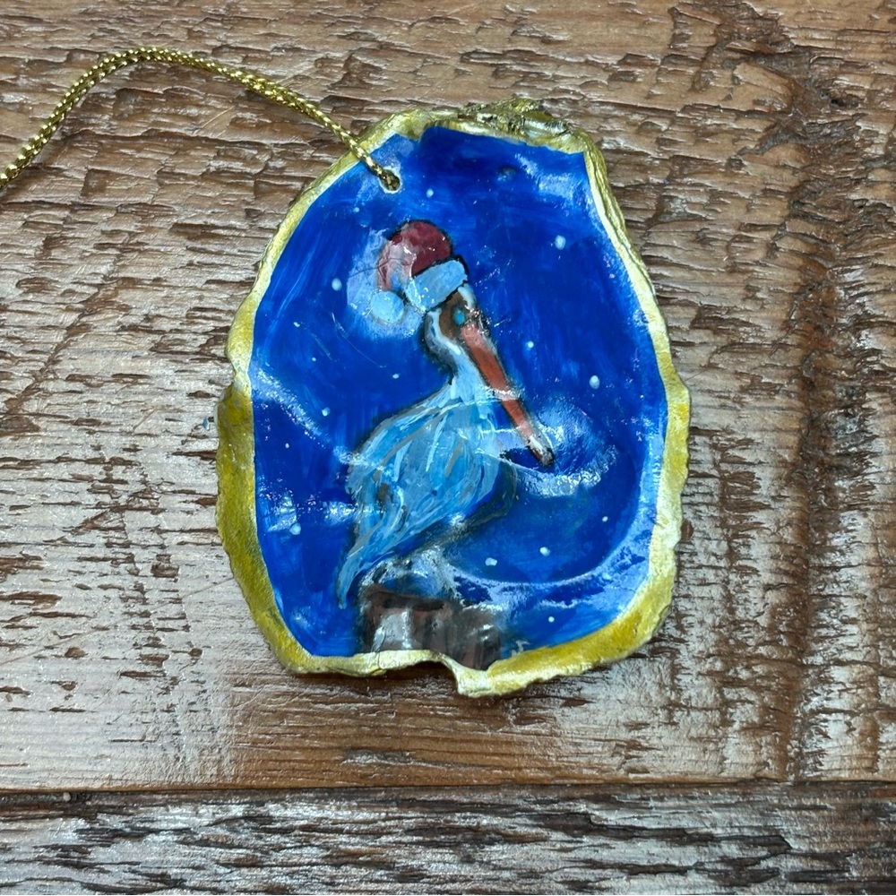Hand-Painted Pelican Oyster Shell Christmas Ornament Small